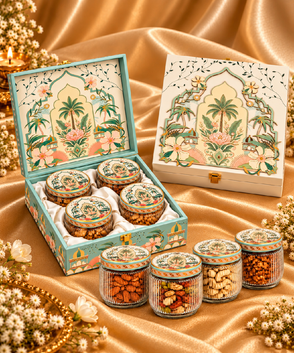 4 Jar Ladger Plam Design Dryfruit Gift Hamper Box 675 Gm