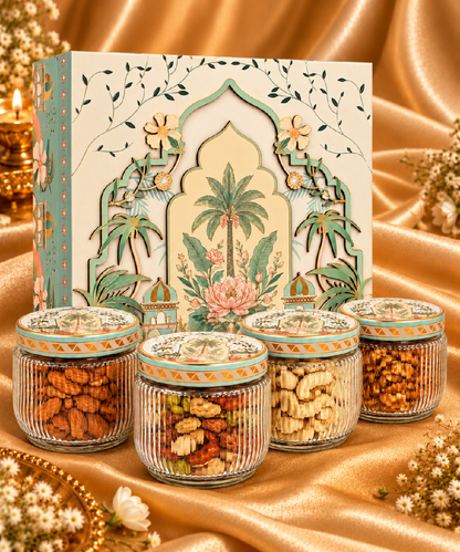 4 Jar Ladger Plam Design Dryfruit Gift Hamper Box 675 Gm